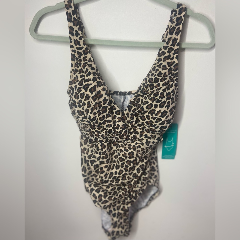 Aqua Green Leopard-Print One-Piece Swimsuit in Brown and Cream